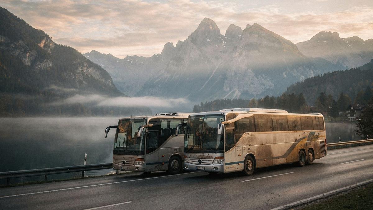 Two touring coaches parked beside a lake road in the Austrian Alps at dawn