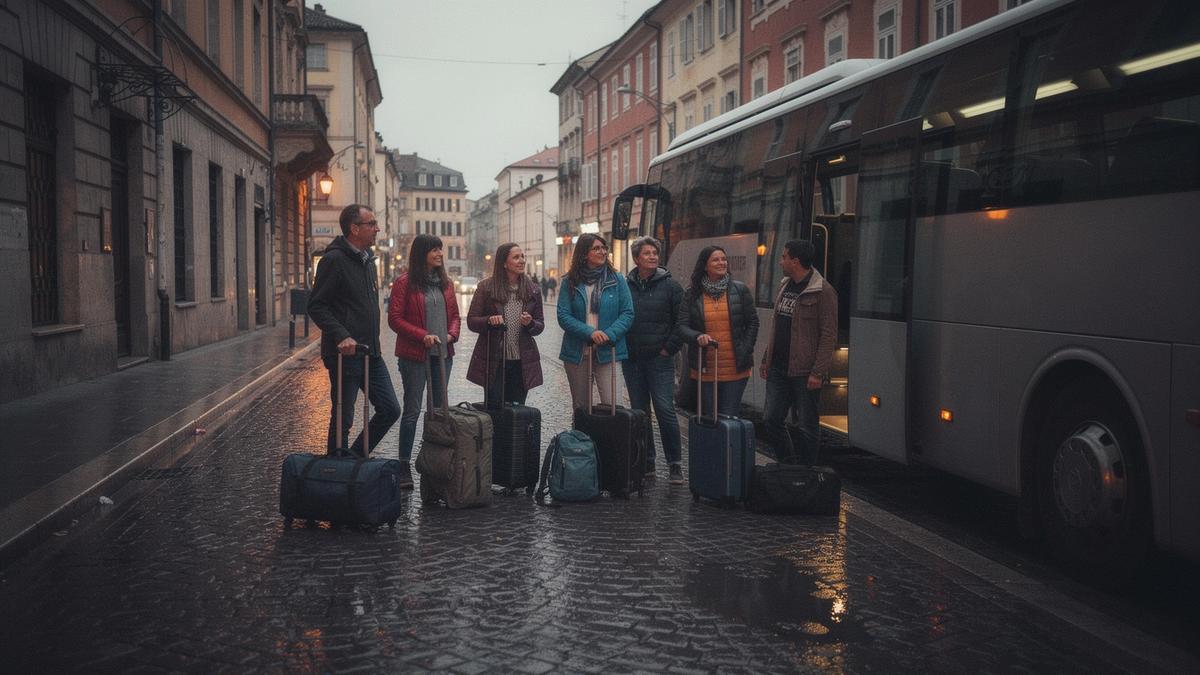 Small group of travellers with luggage waiting beside a coach on a cobbled street at dawn